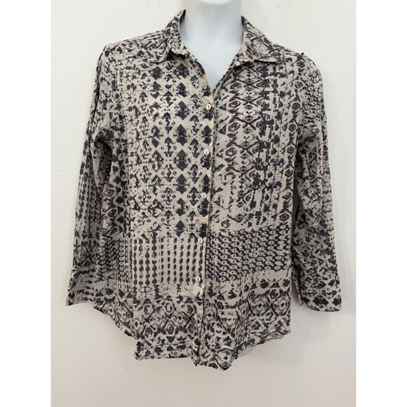 Caffe Marrakesh Blouse Top Womens L Button Up Boho Aztec Western Roll Tab EUC - Picture 1 of 9